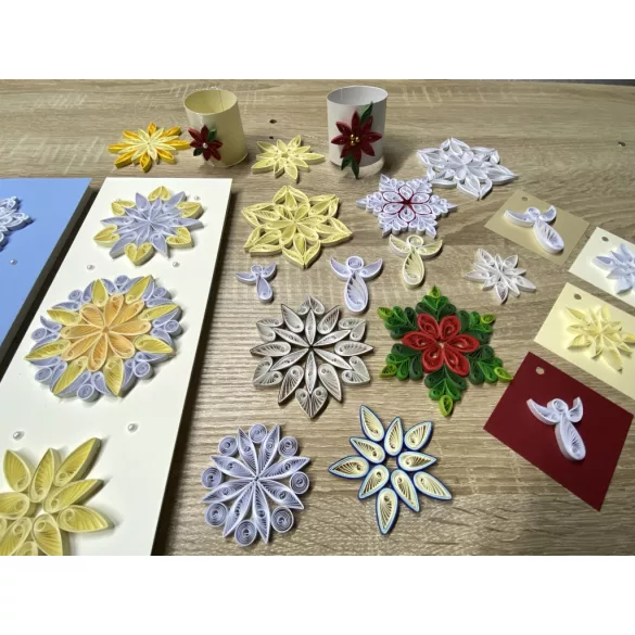 Quilling 1x1 - Karácsony - TANFOLYAM és KEZDŐCSOMAG 11 féle mintával (Alapanyagokkal és eszközökkel!) Angyalka, Csillag, Hópehely